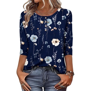 Zeagoo 3/4 Length Sleeve Women Tops Dressy Casual Blouses Work Clothes(Bf318-navy Flower)