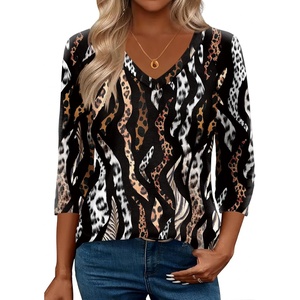 Zeagoo 3/4 Length Sleeve Womens Tops Casual V Neck Shirts Soft Basic Tees(Black Leopard)