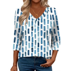 Zeagoo 3/4 Length Sleeve Womens Tops Casual V Neck Shirts Soft Basic Tees(Blue White Stripe)