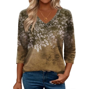 Zeagoo 3/4 Length Sleeve Womens Tops Casual V Neck Shirts Soft Basic Tees(Brown Leaves)