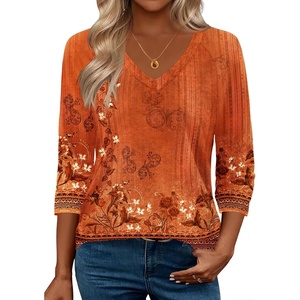 Zeagoo 3/4 Length Sleeve Womens Tops Casual V Neck Shirts Soft Basic Tees(Caremel Print)
