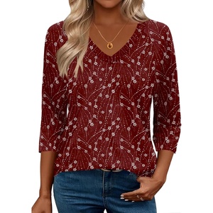 Zeagoo 3/4 Length Sleeve Womens Tops Casual V Neck Shirts Soft Basic Tees(Floral Red)