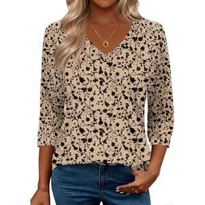 Zeagoo 3/4 Length Sleeve Womens Tops Casual V Neck Shirts Soft Basic Tees(Khaki Floral)