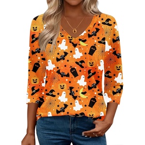 Zeagoo 3/4 Length Sleeve Womens Tops Casual V Neck Shirts Soft Basic Tees(Orange Halloween)