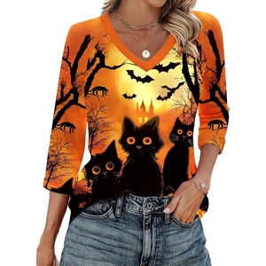 Zeagoo 3/4 Length Sleeve Womens Tops Casual V Neck Shirts Soft Basic Tees(Orange Pumpkin & Black Cat)