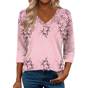 Zeagoo 3/4 Length Sleeve Womens Tops Casual V Neck Shirts Soft Basic Tees(Pink Floral)