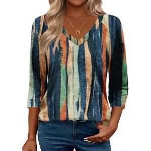 Zeagoo 3/4 Length Sleeve Womens Tops Casual V Neck Shirts Soft Basic Tees(Stripes)
