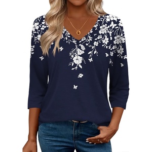 Zeagoo 3/4 Length Sleeve Womens Tops Casual V Neck Shirts Soft Basic Tees(White Flower_sf103)
