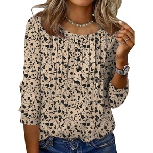 Zeagoo 3/4 Length Sleeve Womens Tops Round Neck Casual Summer Tunic Tops Basic Tees Blouses Dressy T-Shirts Pleated Shirts(Beige)