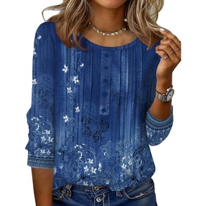 Zeagoo 3/4 Length Sleeve Womens Tops Round Neck Casual Summer Tunic Tops Basic Tees Blouses Dressy T-Shirts Pleated Shirts(Blue)
