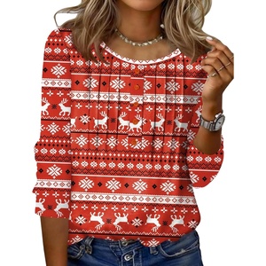 Zeagoo 3/4 Length Sleeve Womens Tops Round Neck Casual Summer Tunic Tops Basic Tees Blouses Dressy T-Shirts Pleated Shirts(Christmas Print)