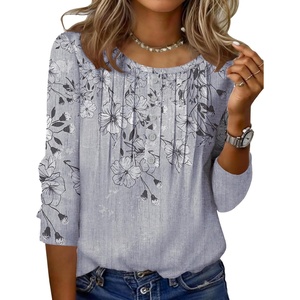Zeagoo 3/4 Length Sleeve Womens Tops Round Neck Casual Summer Tunic Tops Basic Tees Blouses Dressy T-Shirts Pleated Shirts(Dh62)