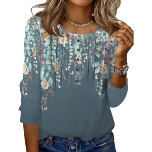 Zeagoo 3/4 Length Sleeve Womens Tops Round Neck Casual Summer Tunic Tops Basic Tees Blouses Dressy T-Shirts Pleated Shirts(Grey Floral)