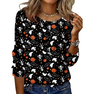 Zeagoo 3/4 Length Sleeve Womens Tops Round Neck Casual Summer Tunic Tops Basic Tees Blouses Dressy T-Shirts Pleated Shirts(Halloween Print 01)