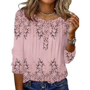 Zeagoo 3/4 Length Sleeve Womens Tops Round Neck Casual Summer Tunic Tops Basic Tees Blouses Dressy T-Shirts Pleated Shirts(Hot Pink)
