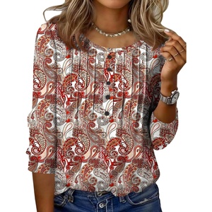 Zeagoo 3/4 Length Sleeve Womens Tops Round Neck Casual Summer Tunic Tops Basic Tees Blouses Dressy T-Shirts Pleated Shirts(Mz3)