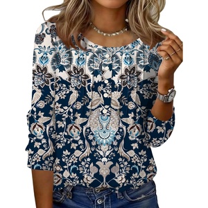 Zeagoo 3/4 Length Sleeve Womens Tops Round Neck Casual Summer Tunic Tops Basic Tees Blouses Dressy T-Shirts Pleated Shirts(Mz873)