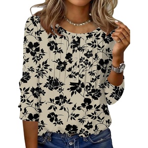 Zeagoo 3/4 Length Sleeve Womens Tops Round Neck Casual Summer Tunic Tops Basic Tees Blouses Dressy T-Shirts Pleated Shirts(Off-white)
