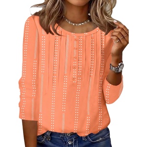 Zeagoo 3/4 Length Sleeve Womens Tops Round Neck Casual Summer Tunic Tops Basic Tees Blouses Dressy T-Shirts Pleated Shirts(Pink)