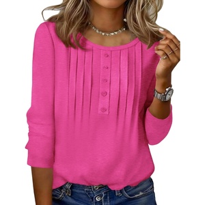 Zeagoo 3/4 Length Sleeve Womens Tops Round Neck Casual Summer Tunic Tops Basic Tees Blouses Dressy T-Shirts Pleated Shirts(Rose)