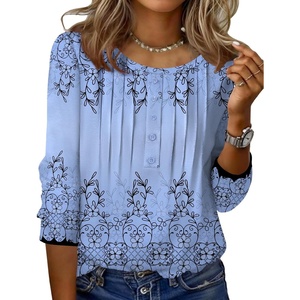 Zeagoo 3/4 Length Sleeve Womens Tops Round Neck Casual Summer Tunic Tops Basic Tees Blouses Dressy T-Shirts Pleated Shirts(Sf166)