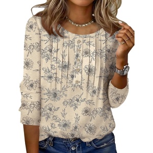 Zeagoo 3/4 Length Sleeve Womens Tops Round Neck Casual Summer Tunic Tops Basic Tees Blouses Dressy T-Shirts Pleated Shirts(Sp31)