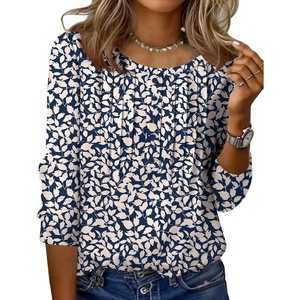 Zeagoo 3/4 Length Sleeve Womens Tops Round Neck Casual Summer Tunic Tops Basic Tees Blouses Dressy T-Shirts Pleated Shirts(Sp64)