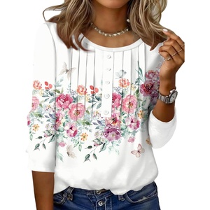 Zeagoo 3/4 Length Sleeve Womens Tops Round Neck Casual Summer Tunic Tops Basic Tees Blouses Dressy T-Shirts Pleated Shirts(White)