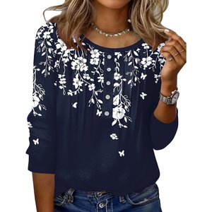 Zeagoo 3/4 Length Sleeve Womens Tops Round Neck Casual Summer Tunic Tops Basic Tees Blouses Dressy T-Shirts Pleated Shirts(White Flower_sf103)