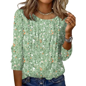 Zeagoo 3/4 Length Sleeve Womens Tops Round Neck Casual Summer Tunic Tops Basic Tees Blouses Dressy T-Shirts Pleated Shirts(Xh534)