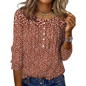 Zeagoo 3/4 Length Sleeve Womens Tops Round Neck Casual Summer Tunic Tops Basic Tees Blouses Dressy T-Shirts Pleated Shirts(Xh555)