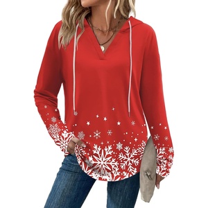 Zeagoo Hoodies for Women Long Sleeve Drawstring V Neck Pullover Sweatshirts Shirts Loose Casual Fall Tops(02-christmas Red)