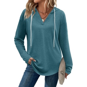 Zeagoo Hoodies for Women Long Sleeve Drawstring V Neck Pullover Sweatshirts Shirts Loose Casual Fall Tops(Blue Green)