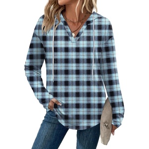 Zeagoo Hoodies for Women Long Sleeve Drawstring V Neck Pullover Sweatshirts Shirts Loose Casual Fall Tops(Blue Plaid)