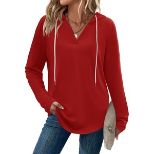 Zeagoo Hoodies for Women Long Sleeve Drawstring V Neck Pullover Sweatshirts Shirts Loose Casual Fall Tops(Bright Red)