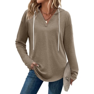Zeagoo Hoodies for Women Long Sleeve Drawstring V Neck Pullover Sweatshirts Shirts Loose Casual Fall Tops(Khaki)