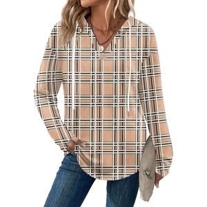 Zeagoo Hoodies for Women Long Sleeve Drawstring V Neck Pullover Sweatshirts Shirts Loose Casual Fall Tops(Khaki Plaid)