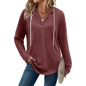 Zeagoo Hoodies for Women Long Sleeve Drawstring V Neck Pullover Sweatshirts Shirts Loose Casual Fall Tops(Wine Red)