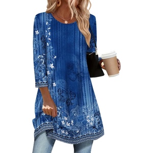 Zeagoo Women Tops 3/4 Sleeve Dressy Casual Plus Size Tunics Loose Blouses(Blue Flower-mz845)