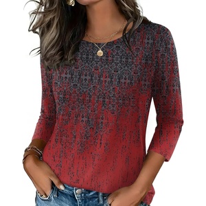 Zeagoo Women’s Casual 3/4 Sleeve T-Shirts Round Neck Tunic Tops Work Blouse(Black Red-mz838)