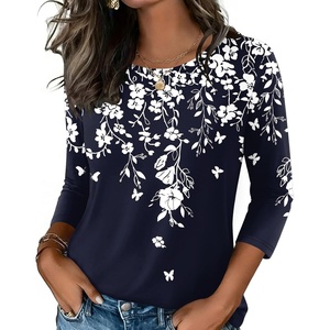 Zeagoo Women’s Casual 3/4 Sleeve T-Shirts Round Neck Tunic Tops Work Blouse(Blue Flower-sf103)