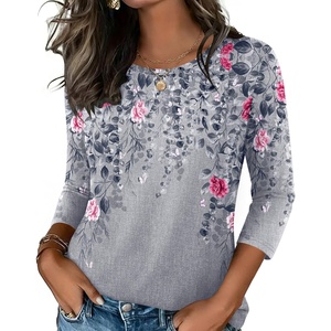 Zeagoo Women’s Casual 3/4 Sleeve T-Shirts Round Neck Tunic Tops Work Blouse(Grey Flower)