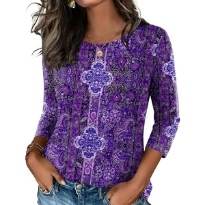 Zeagoo Women’s Casual 3/4 Sleeve T-Shirts Round Neck Tunic Tops Work Blouse(Purple Boho Mz907)