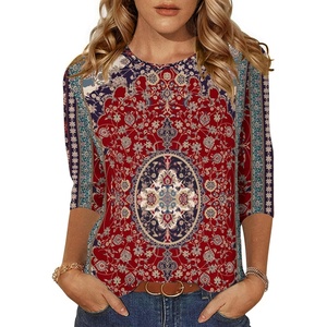 Zeagoo Women’s Casual 3/4 Sleeve T-Shirts Round Neck Tunic Tops Work Blouse(Red Bohemia-mz870)