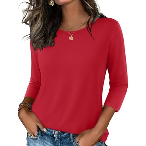 Zeagoo Women’s Casual 3/4 Sleeve T-Shirts Round Neck Tunic Tops Work Blouse(Red-tr)