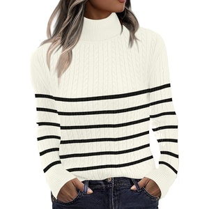 Zeagoo Womens Sweaters Turtleneck Cable Knit Long Sleeve Pullover Fall Tops(Stripe Apricot)