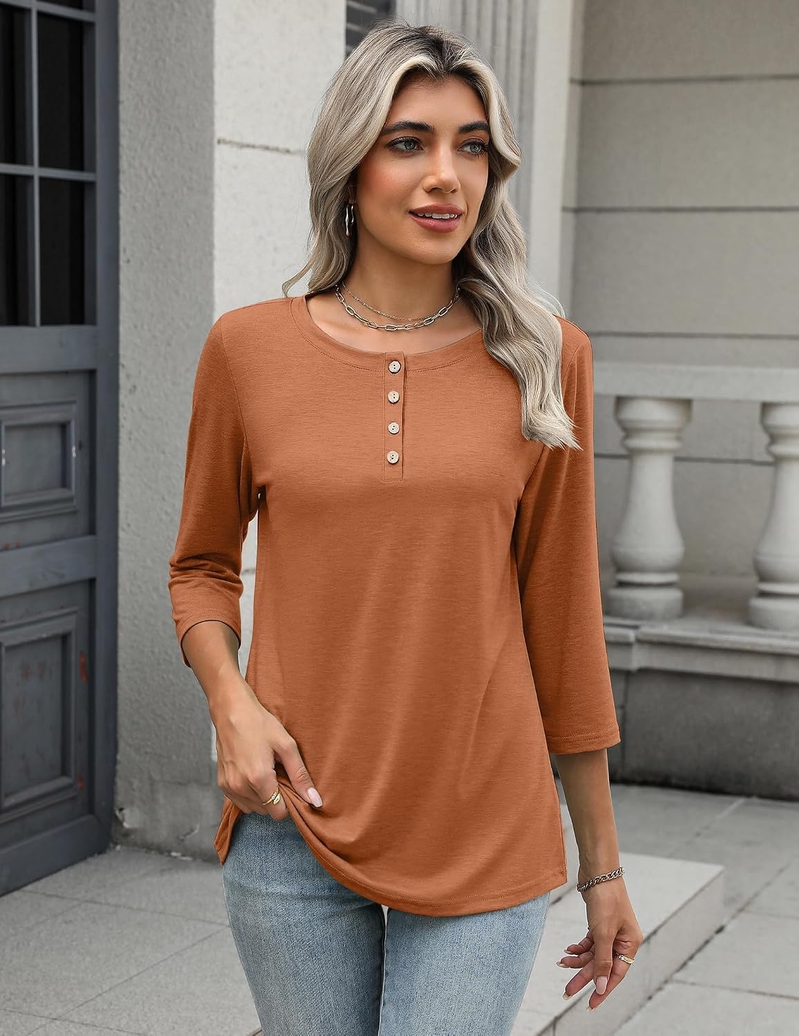 image:imageZeagoo 34 Length Sleeve Women Tops Dressy Casual Blouses Work ClothesLight Brown