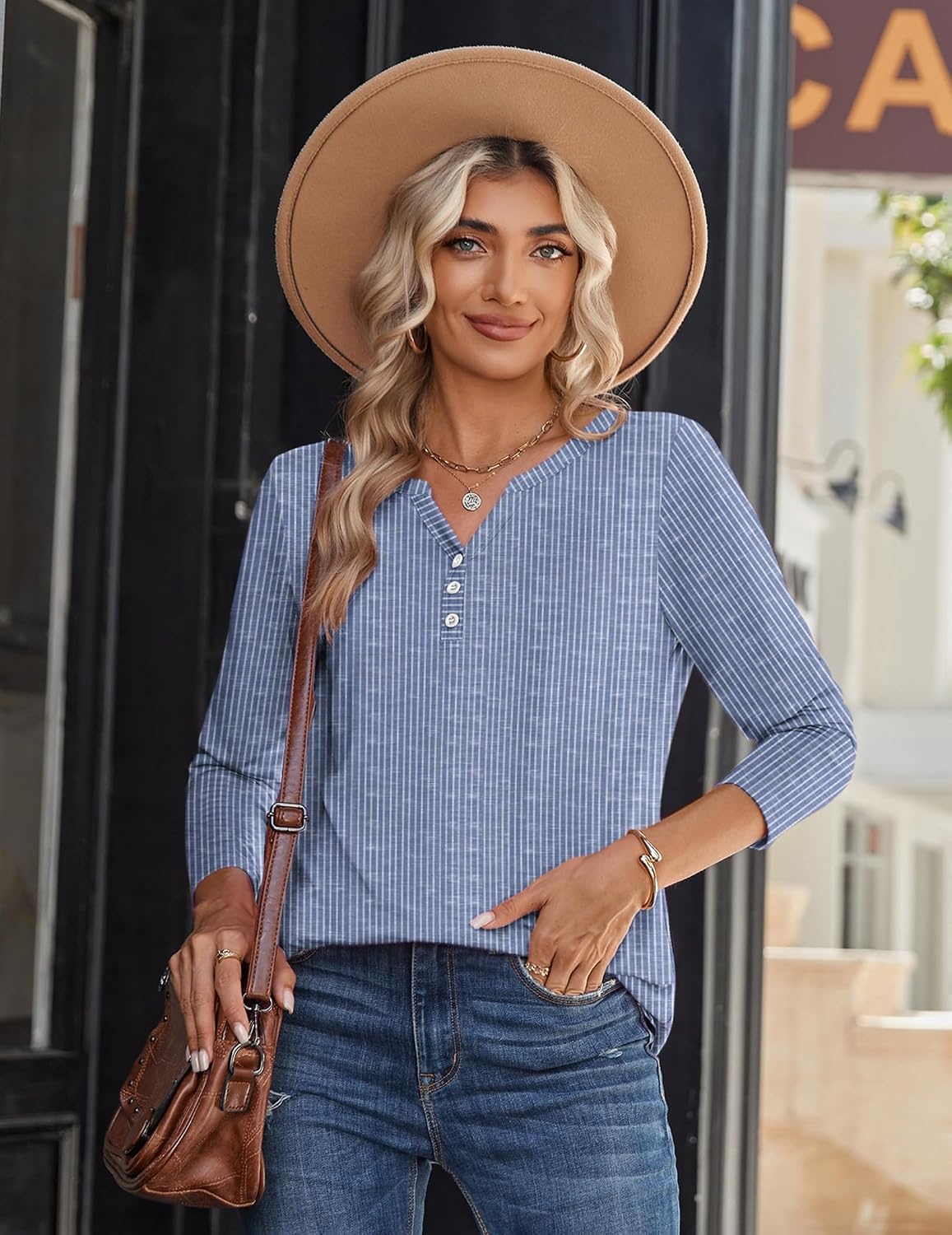 image:imageZeagoo Long Sleeve Shirts for Women Casual V Neck Fall Tops Summer BlousesAblue White Stripes