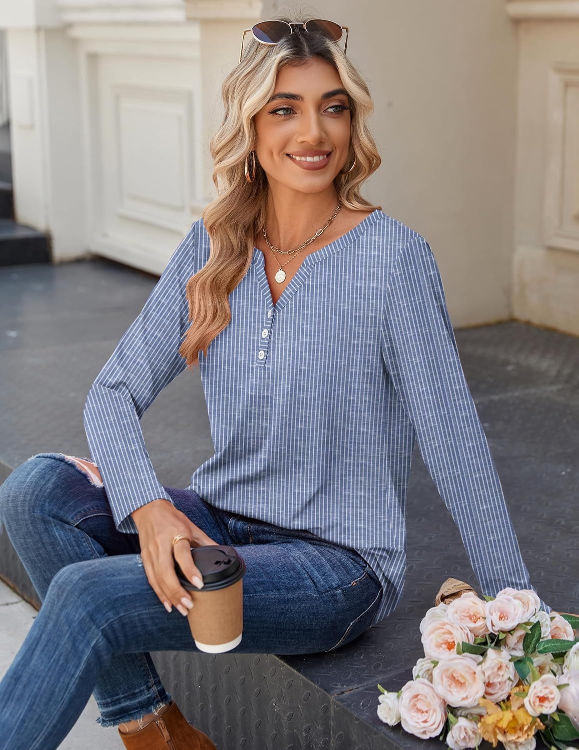 image:imageZeagoo Long Sleeve Shirts for Women Casual V Neck Fall Tops Summer BlousesAblue White Stripes