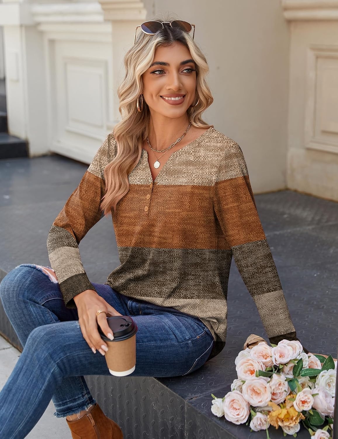 image:imageZeagoo Long Sleeve Shirts for Women Casual V Neck Fall Tops Summer BlousesAgeometric 398
